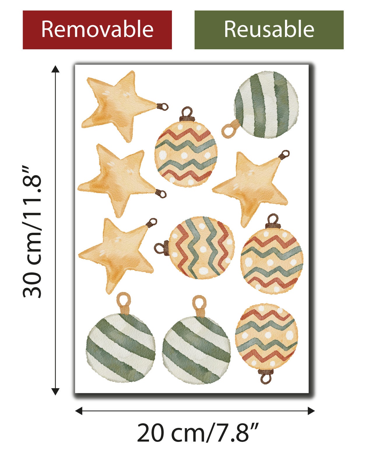 Christmas Watercolour Window Stickers, Baubles Window Decals, Star Xmas Stickers Removable Reusable