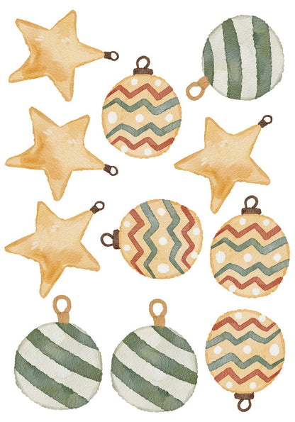 Christmas Watercolour Window Stickers, Baubles Window Decals, Star Xmas Stickers Removable Reusable
