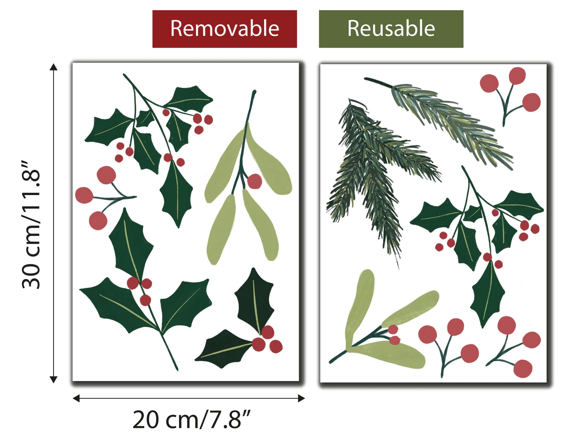 Christmas Window Decorations Stickers Holly Mistletoe Floral Decor, Xmas Window Decals