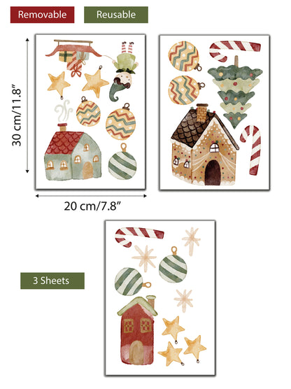 24 Christmas Watercolour Window Decals Stickers, Cute Winter Festive Homes, Christmas Tree, Baubles Decoration