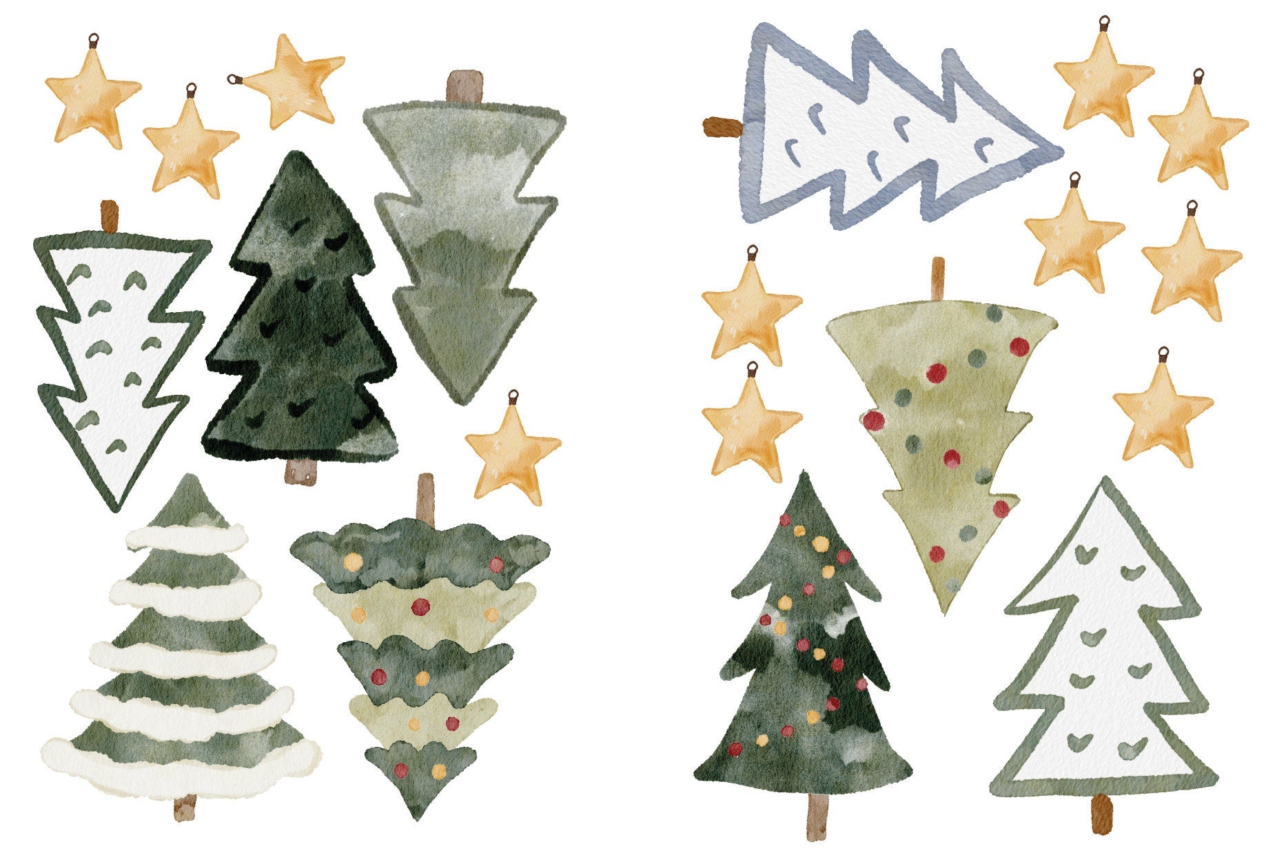 Christmas Trees & Hand Drawn Water Colour Stars Christmas Window Decal Stickers Decorations