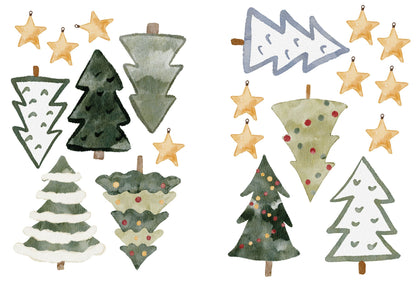 Christmas Trees & Hand Drawn Water Colour Stars Christmas Window Decal Stickers Decorations