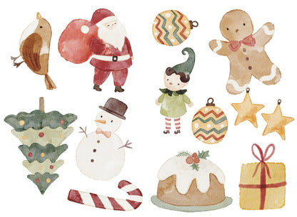 Cute Watercolour Christmas Set Window Stickers Santa Snowman Gingerbread Man