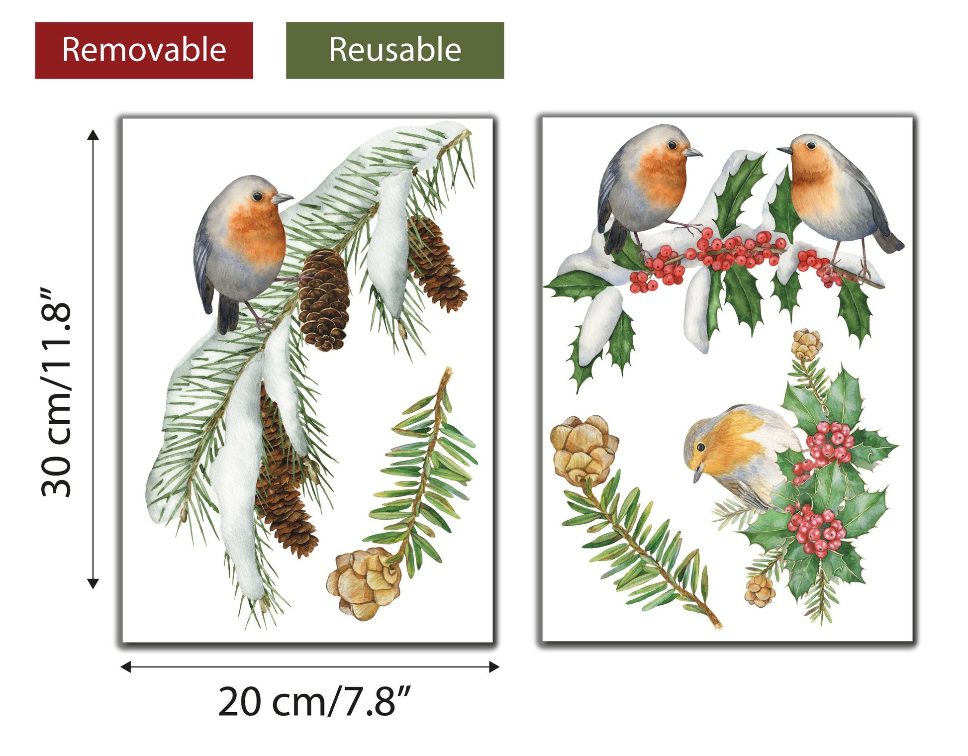 Watercolour Robins On Branches Christmas Window Decals Snow Xmas Decorations Christmas Decor Window