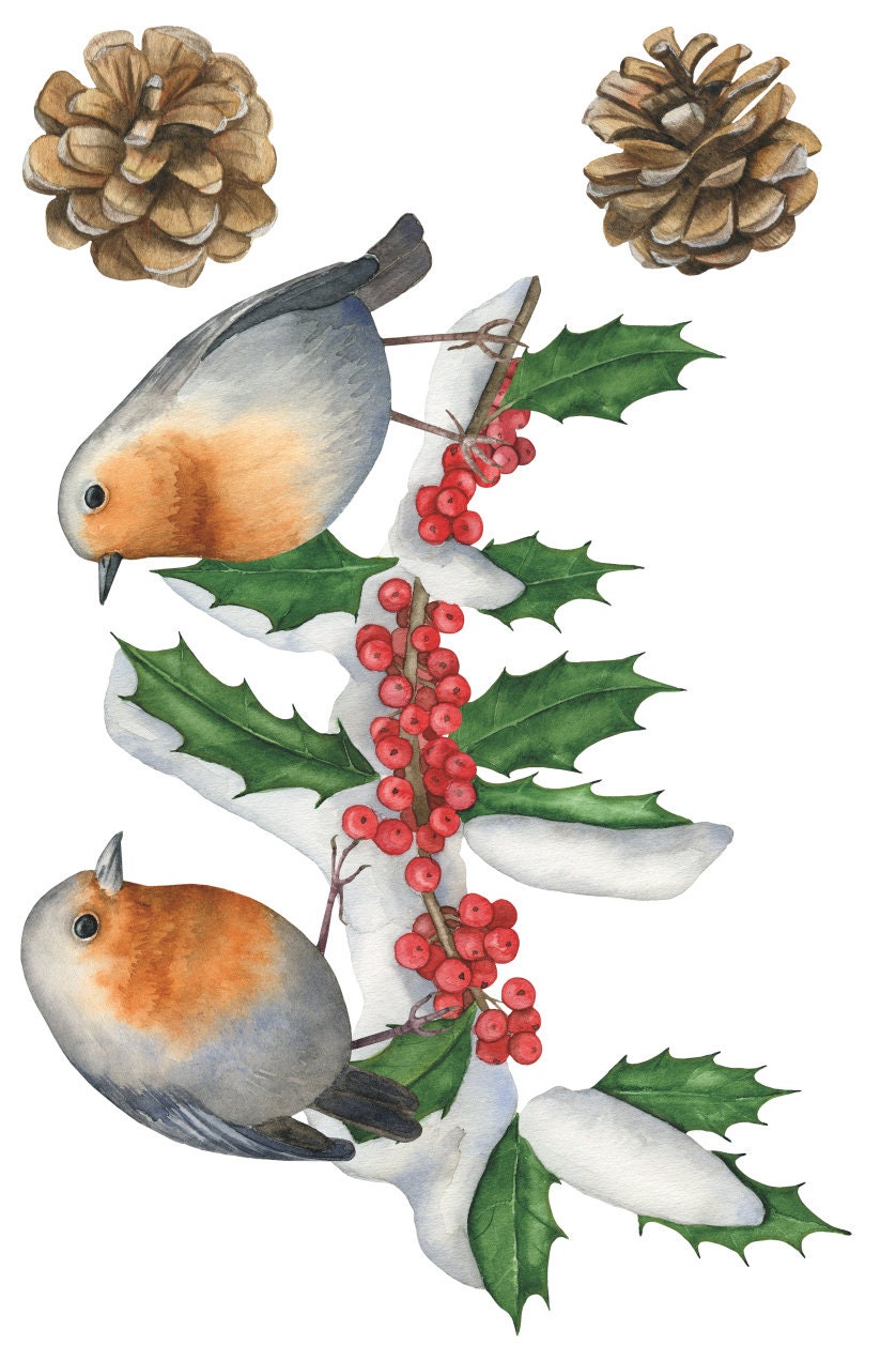 Robins Holly Branch With Pine Cones Christmas Window Decals, Christmas Window Stickers, Robin Stickers, Holiday Decor