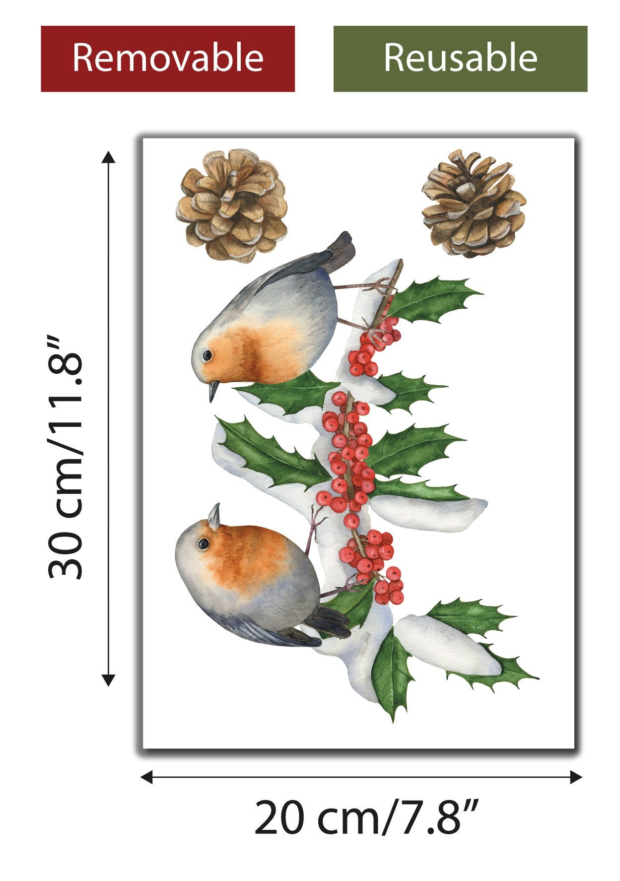 Robins Holly Branch With Pine Cones Christmas Window Decals, Christmas Window Stickers, Robin Stickers, Holiday Decor