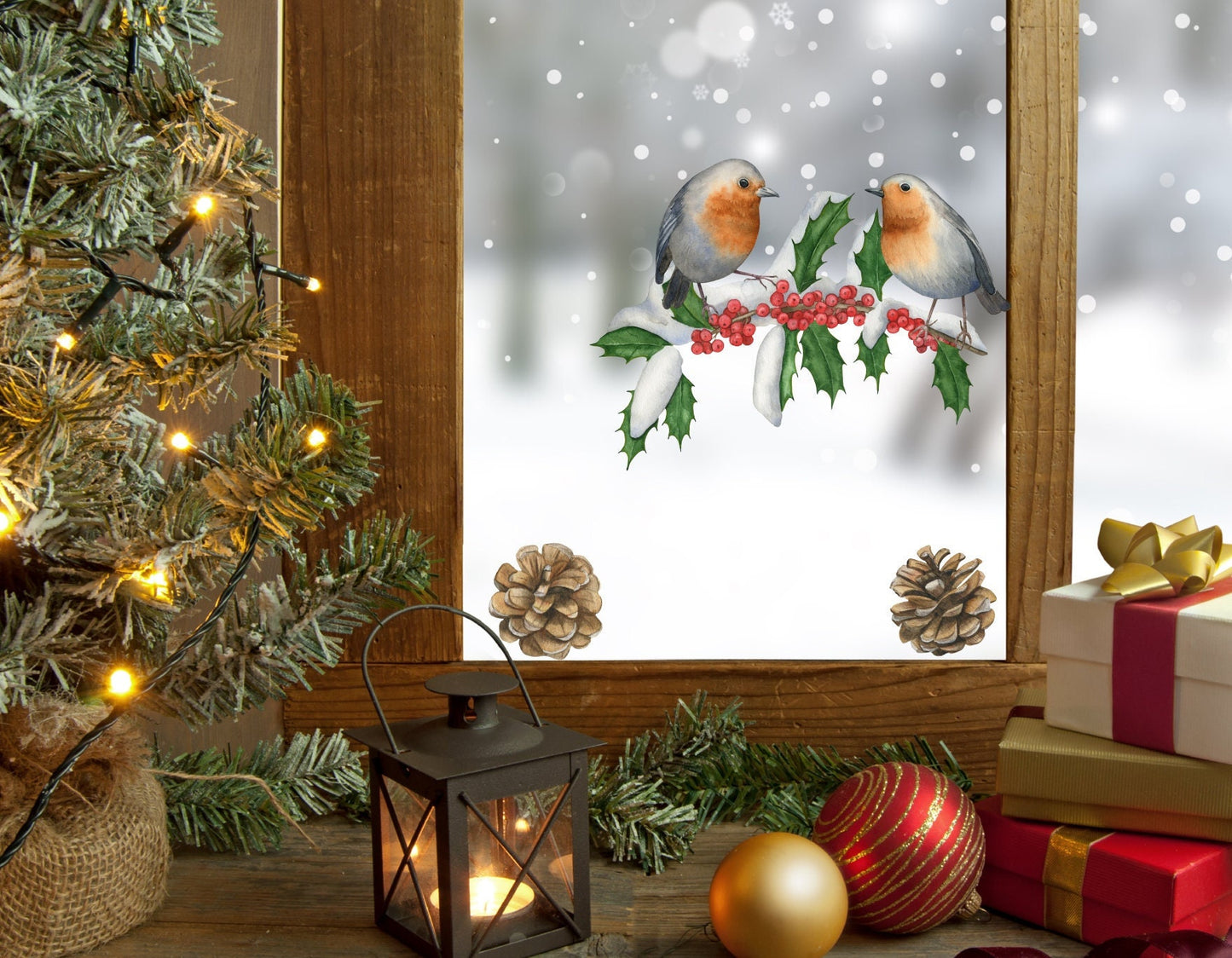 Robins Holly Branch With Pine Cones Christmas Window Decals, Christmas Window Stickers, Robin Stickers, Holiday Decor
