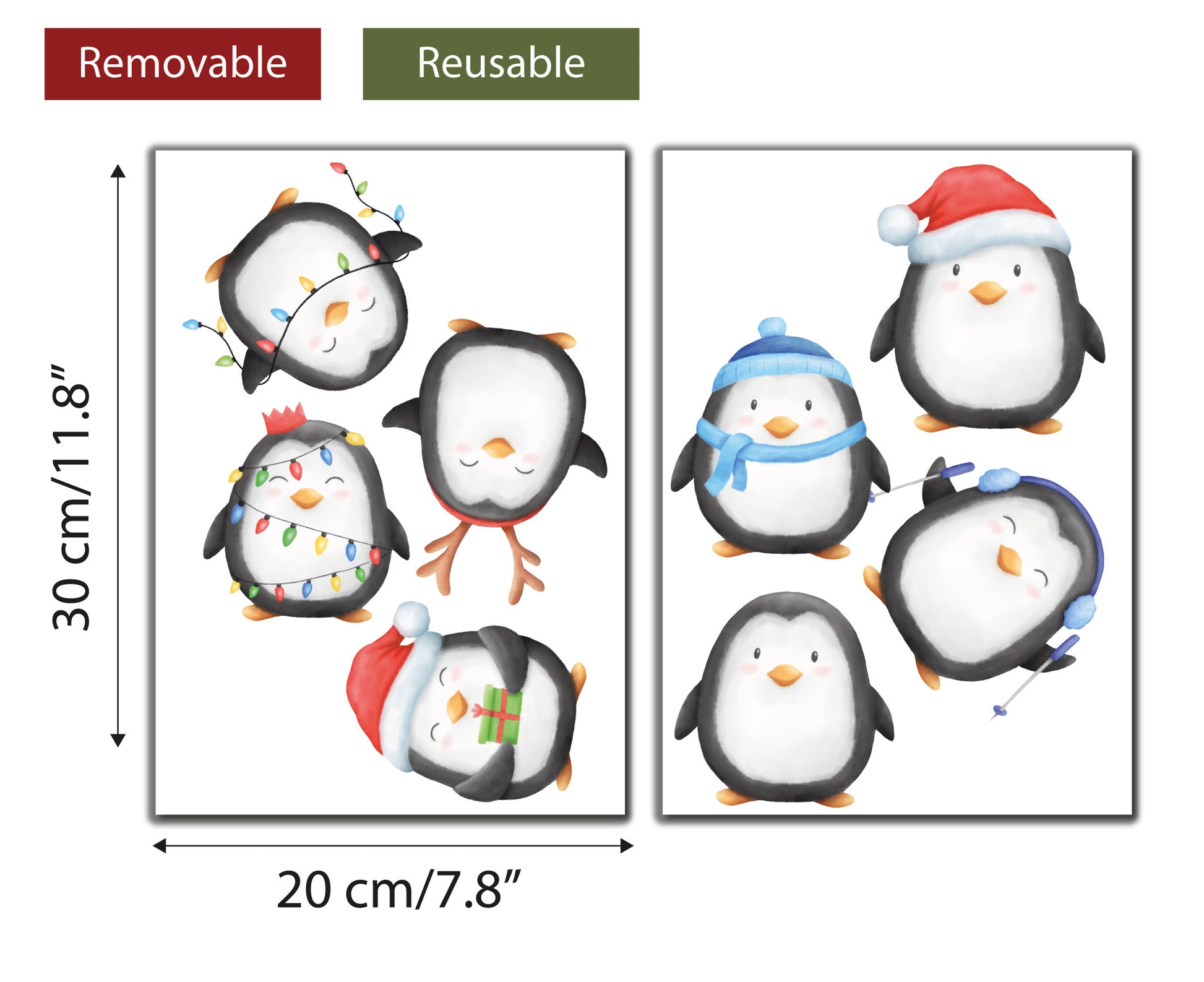 Cute Penguins Christmas Window Decals, Penguin Window Stickers, Xmas Decor, Holiday Window Decals, Christmas Decorations
