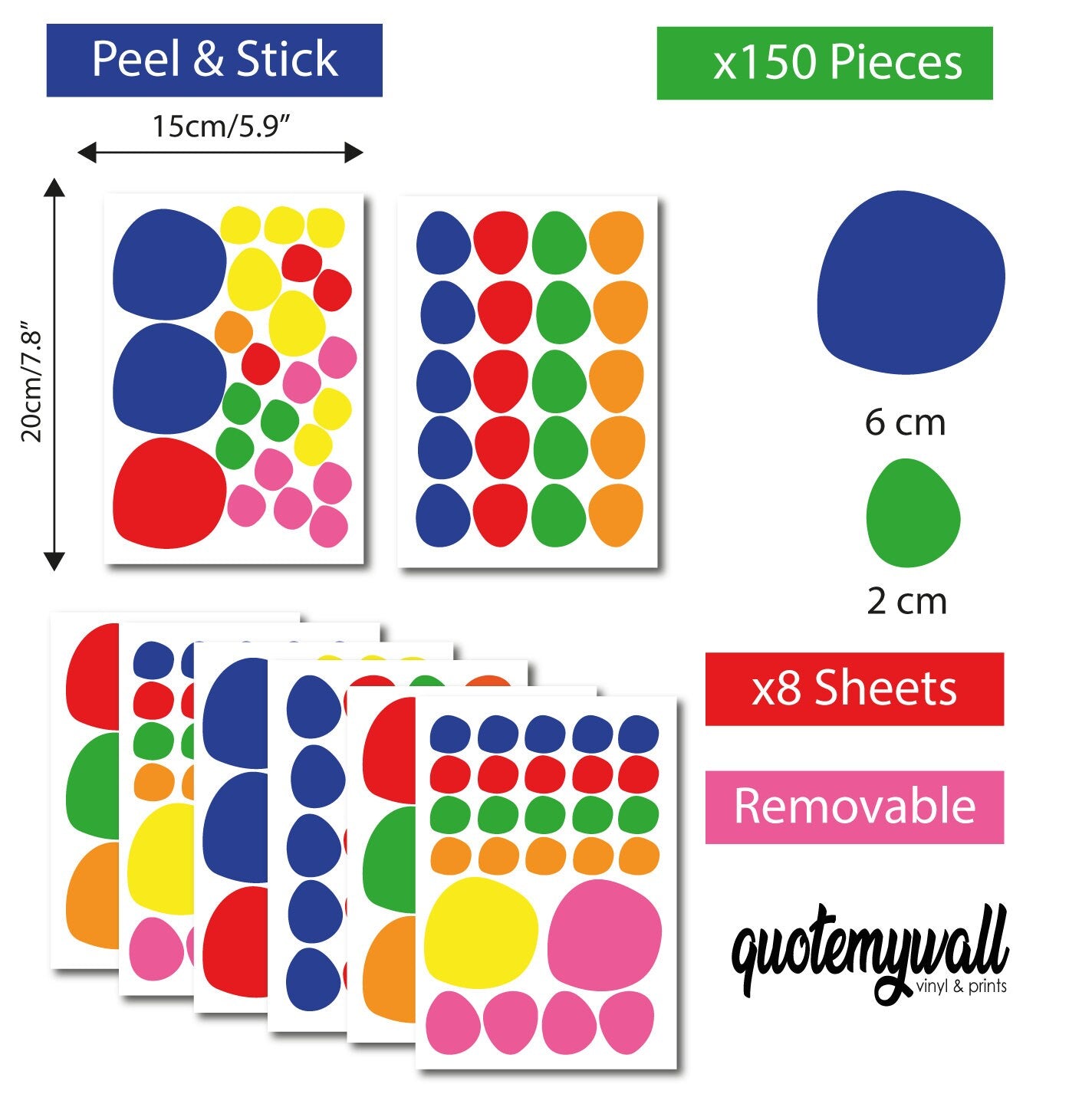 Colourful Polka Dot Wall Declas For Kids Childrens Bedroom Decor, Polka Dot Wall Stickers, Rainbow Colour Stickers Removable