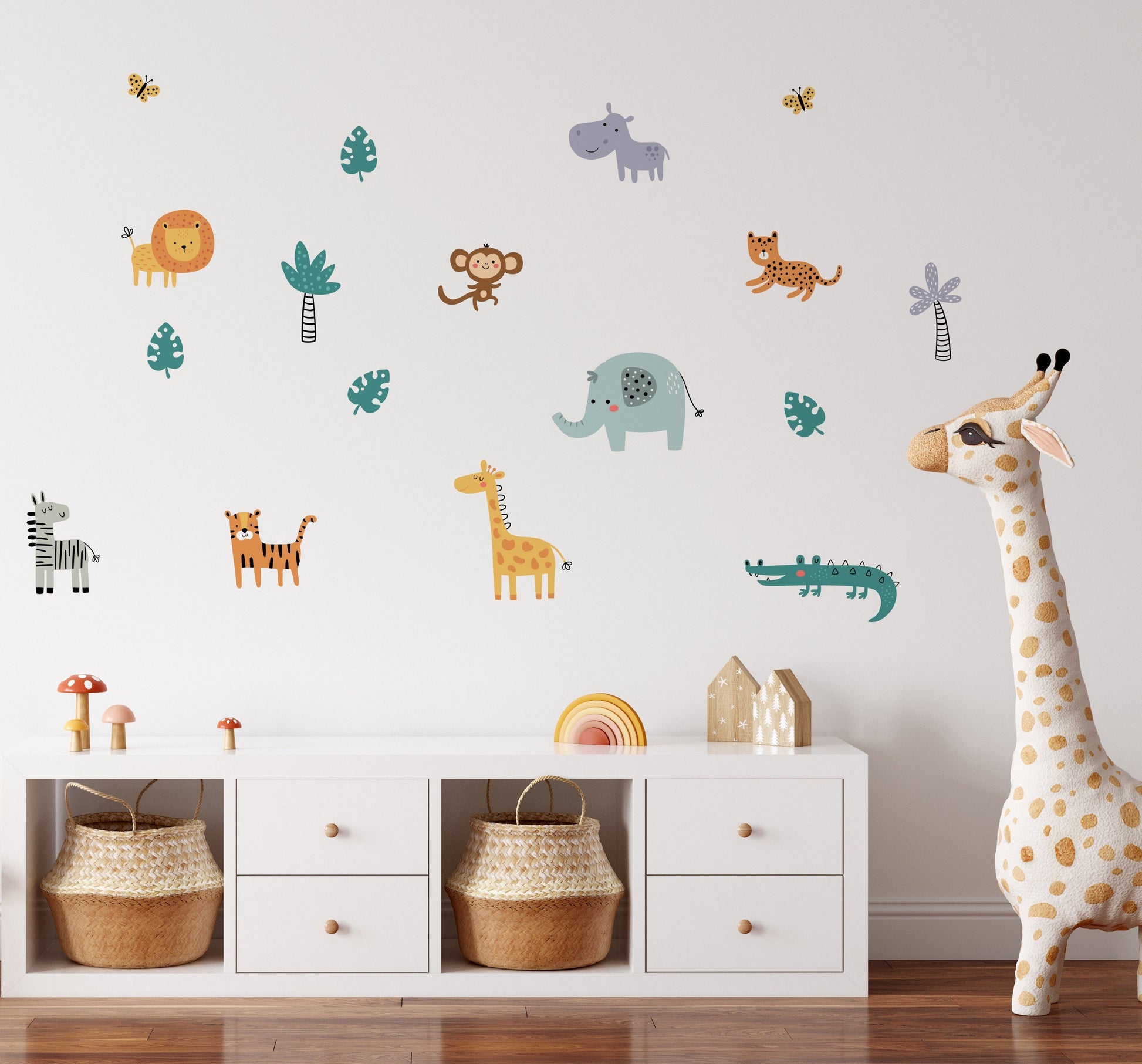 Children's Wall Stickers Safari Animals Lion Tiger Elephant Giraffe Decals For Kids Rooms Nursery Wall Art