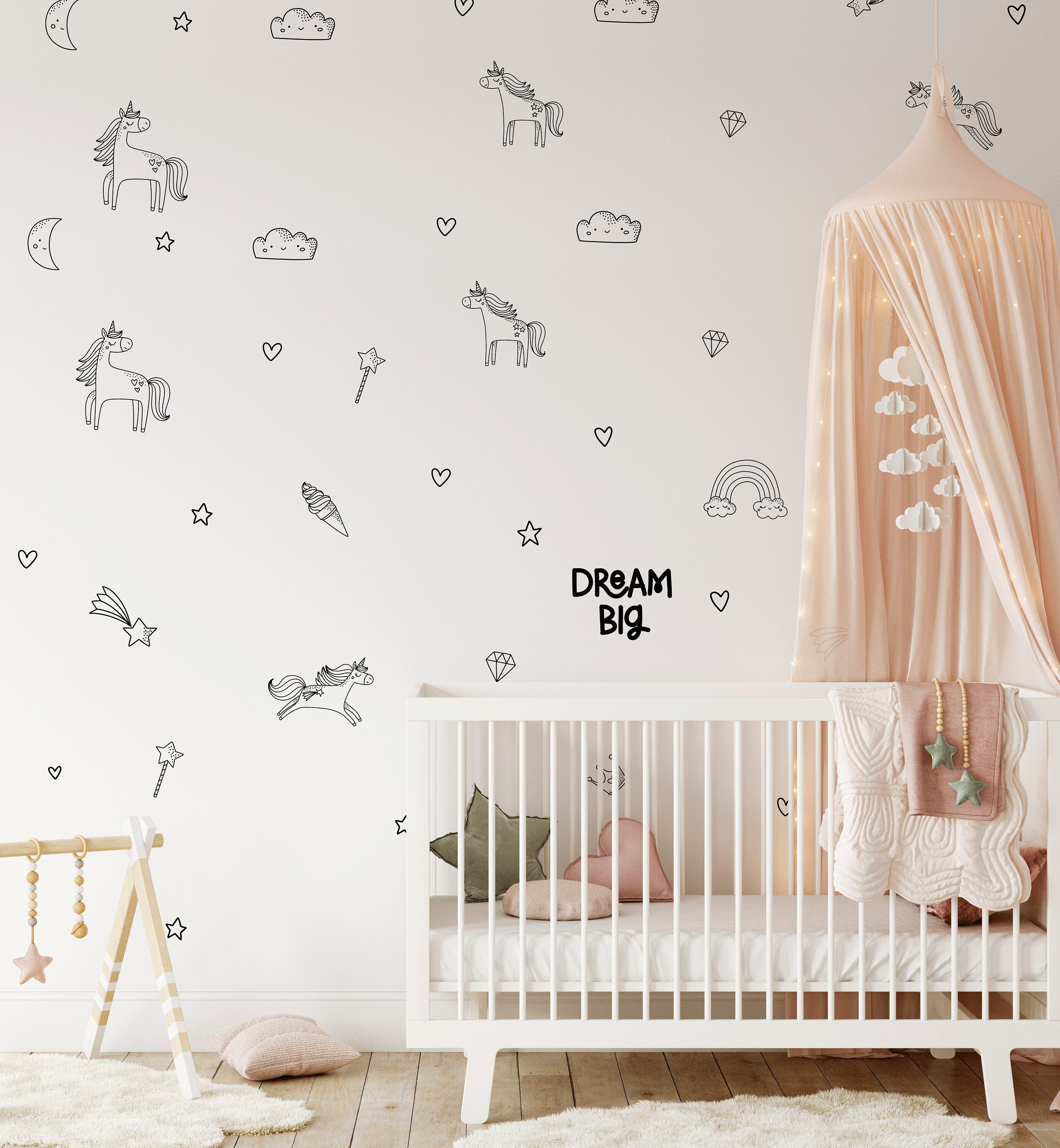 Cute Magical Hand Drawn Unicorn Wall Stickers For Girls Rooms Kids Nursery Decals
