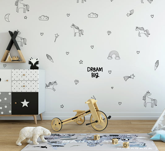 Cute Magical Hand Drawn Unicorn Wall Stickers For Girls Rooms Kids Nursery Decals