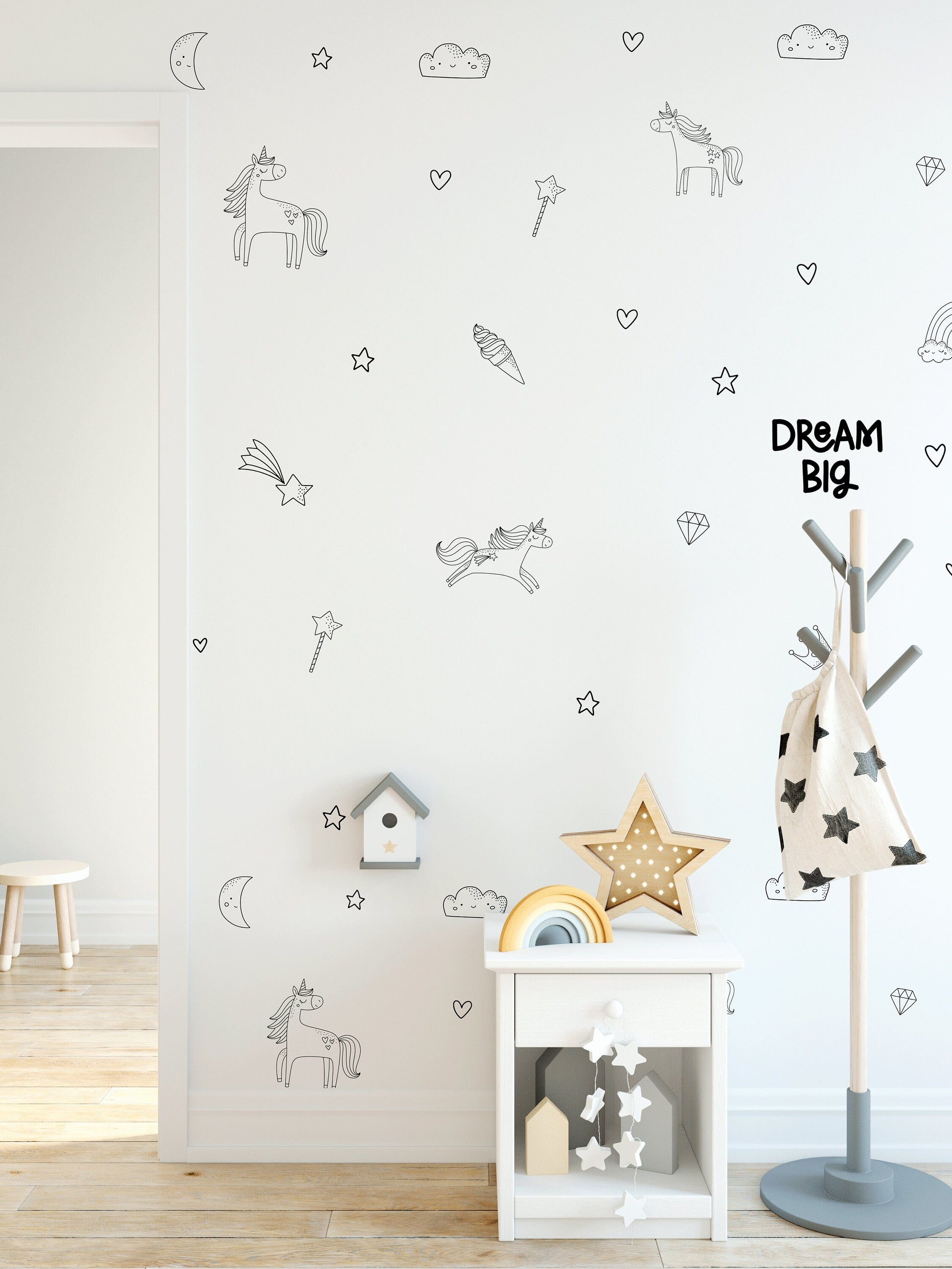 Cute Magical Hand Drawn Unicorn Wall Stickers For Girls Rooms Kids Nursery Decals