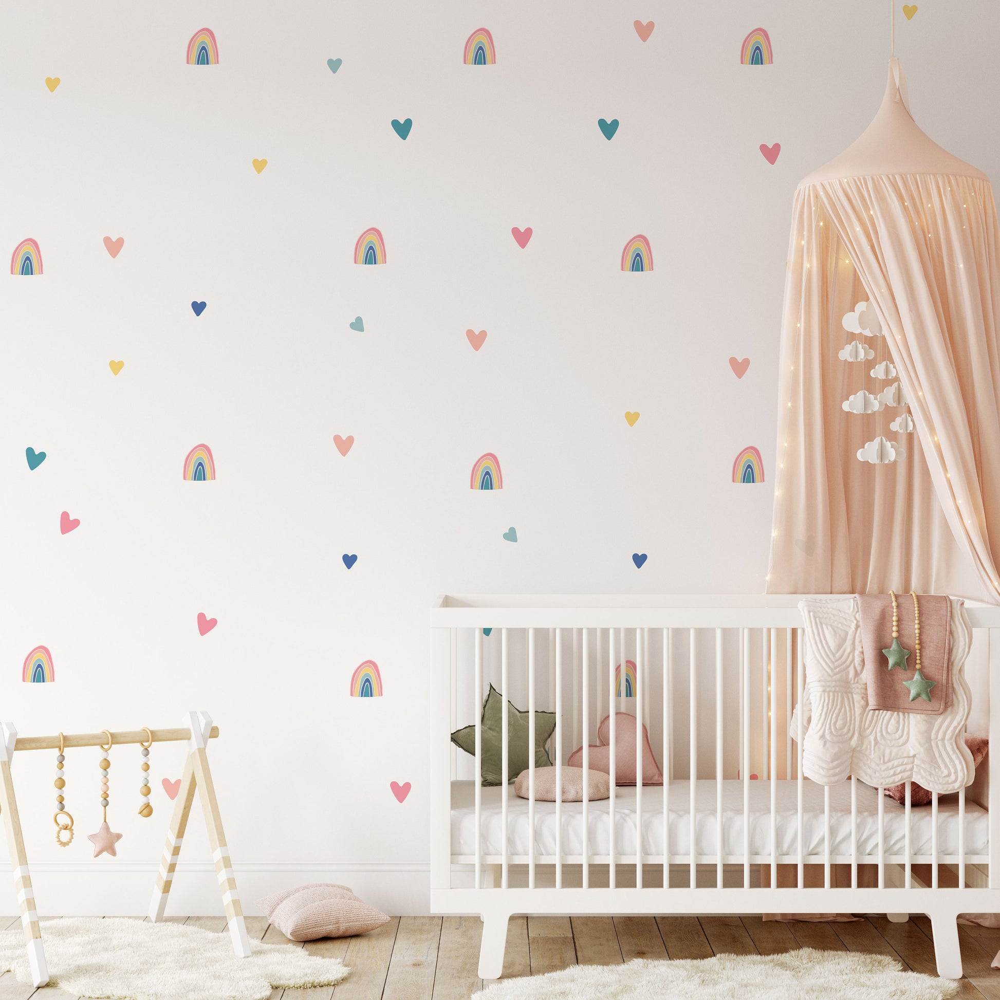 Cute Boho Rainbow Wall Stickers With Pastel Hearts, Girls Bedroom Wall Stickers, Nursery Wall Stickers, Kids Wall Decals, Rainbow Wall Art