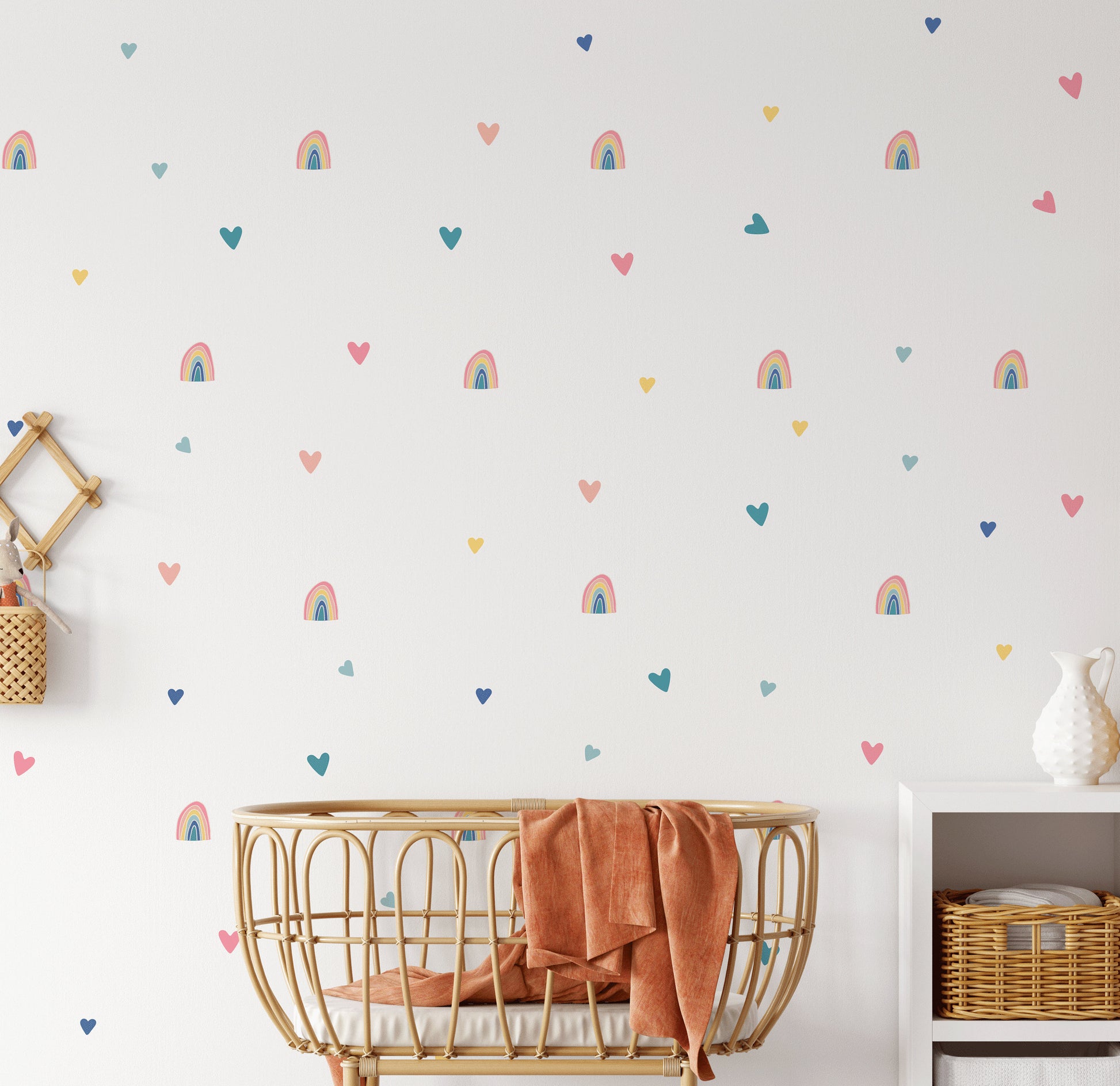 Cute Boho Rainbow Wall Stickers With Pastel Hearts, Girls Bedroom Wall Stickers, Nursery Wall Stickers, Kids Wall Decals, Rainbow Wall Art