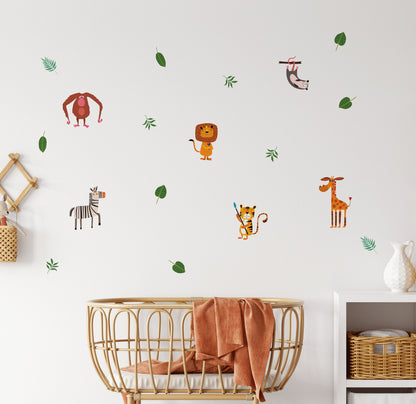 Safari Animal Wall Stickers With Jungle Leaves Botanical Wall Decals For Kids Bedrooms Boys Girls Nursery Rooms