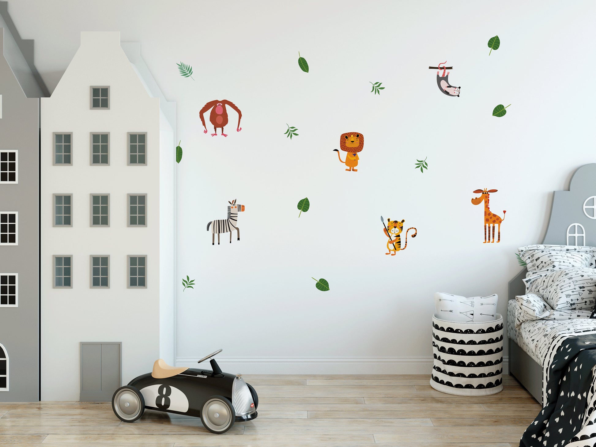 Children's Room Safari Animal Wall Stickers, Tropical Wall Decal Stickers, Giraffe Monkey Lion Zebra Wall Art