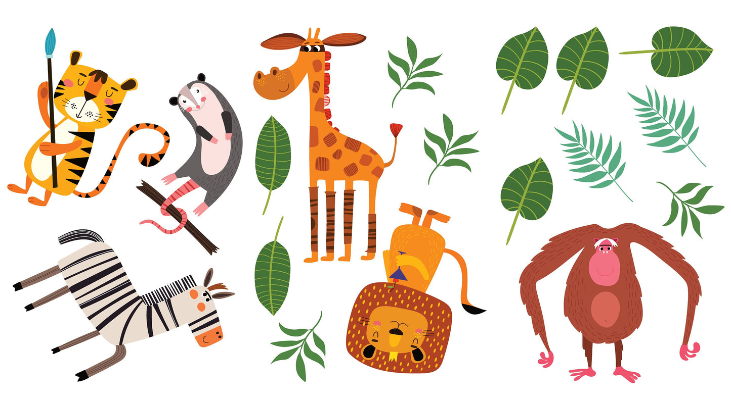 Safari Animal Wall Stickers With Jungle Leaves Botanical Wall Decals For Kids Bedrooms Boys Girls Nursery Rooms