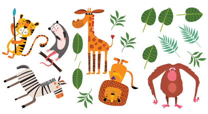 Safari Animal Wall Stickers With Jungle Leaves Botanical Wall Decals For Kids Bedrooms Boys Girls Nursery Rooms