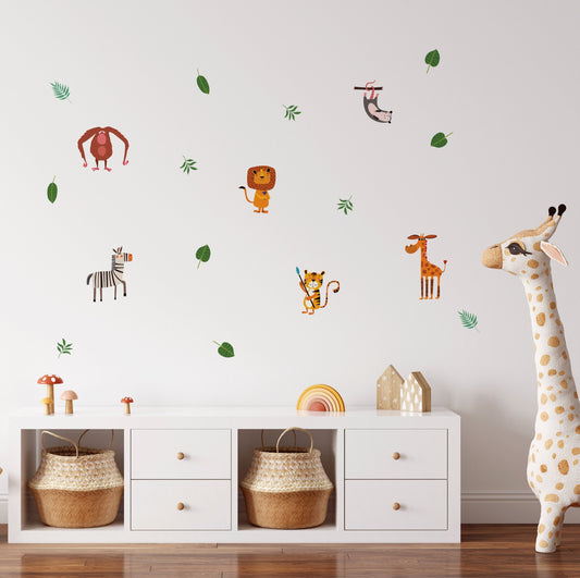 Safari Animal Wall Stickers With Jungle Leaves Botanical Wall Decals For Kids Bedrooms Boys Girls Nursery Rooms