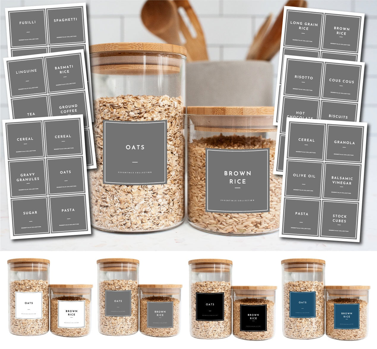 Pantry Label Set Baking Essentials Kitchen Jar Labels Stickers Oil & Water-Resistant Organisation Containers Labels, Storage Labels