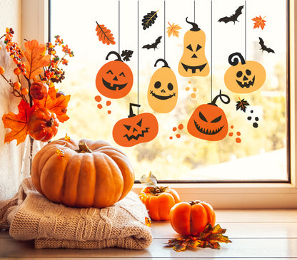 Hanging Halloween Window Stickers Decorations Pumpkins Bats Leaves Scary Window Decals For Halloween Party