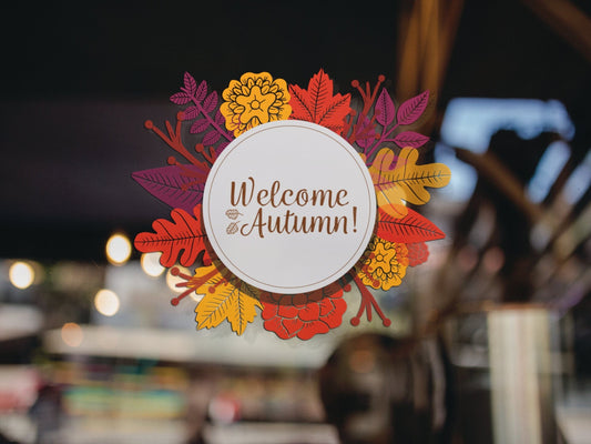 Welcome Autumn, Leaves Window Sticker, Autumnal Shop Window Decal, Removable Autumn Office Home Sticker, Autumn Stickers