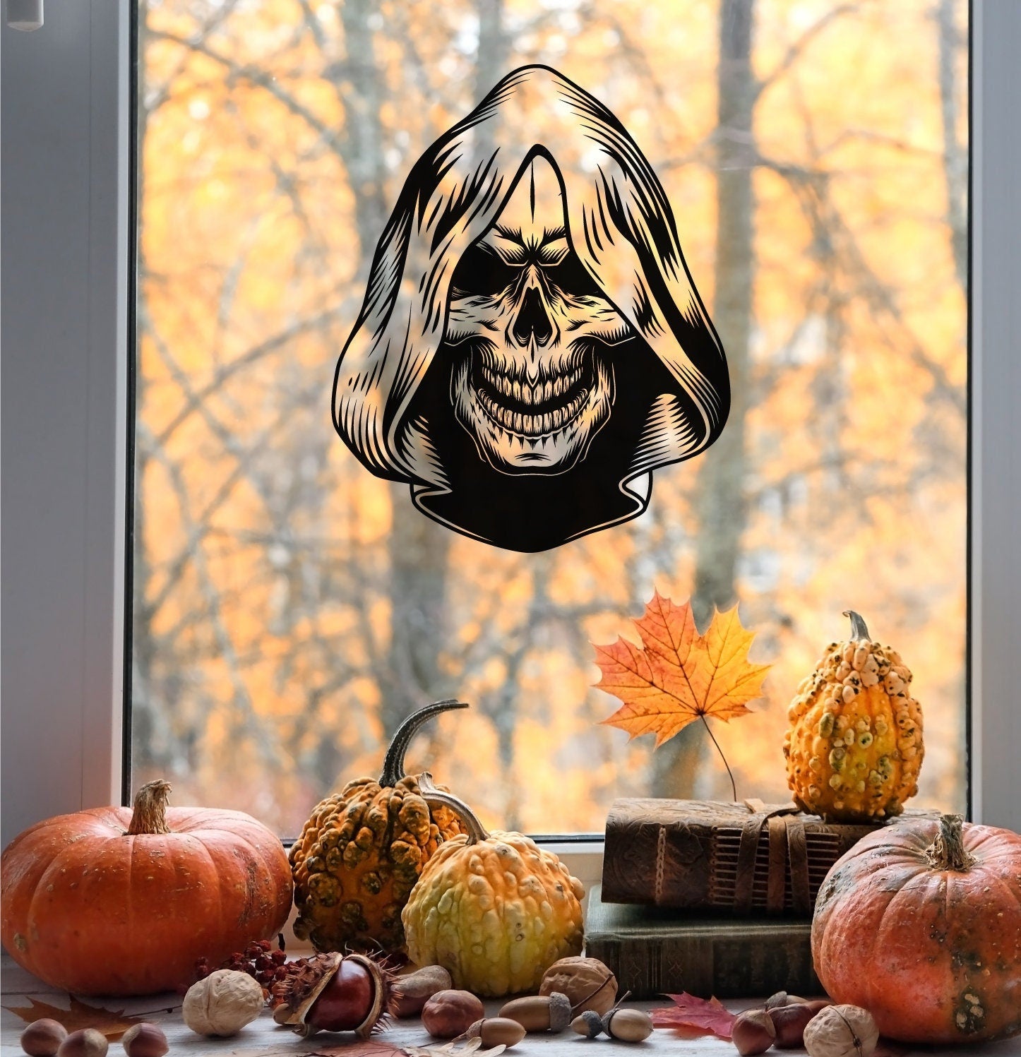 Hooded Skull Skeleton Scary Halloween Window Sticker Decal For Parties Decorations For Halloween