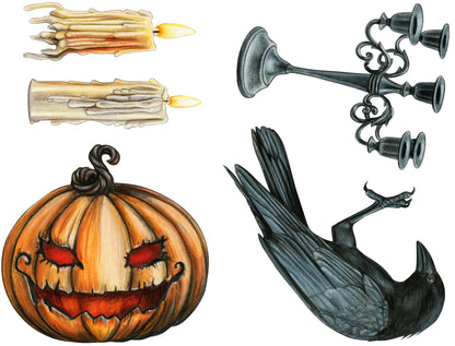 Halloween Window Decorations Stickers - Crow Bird, Pumpkin & Candles Halloween Decals For Windows Window Film