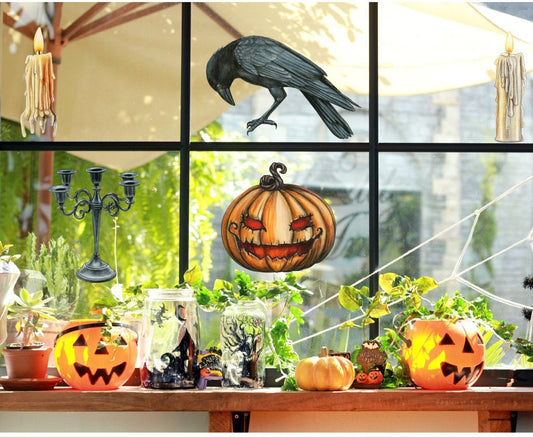 Halloween Window Decorations Stickers - Crow Bird, Pumpkin & Candles Halloween Decals For Windows Window Film