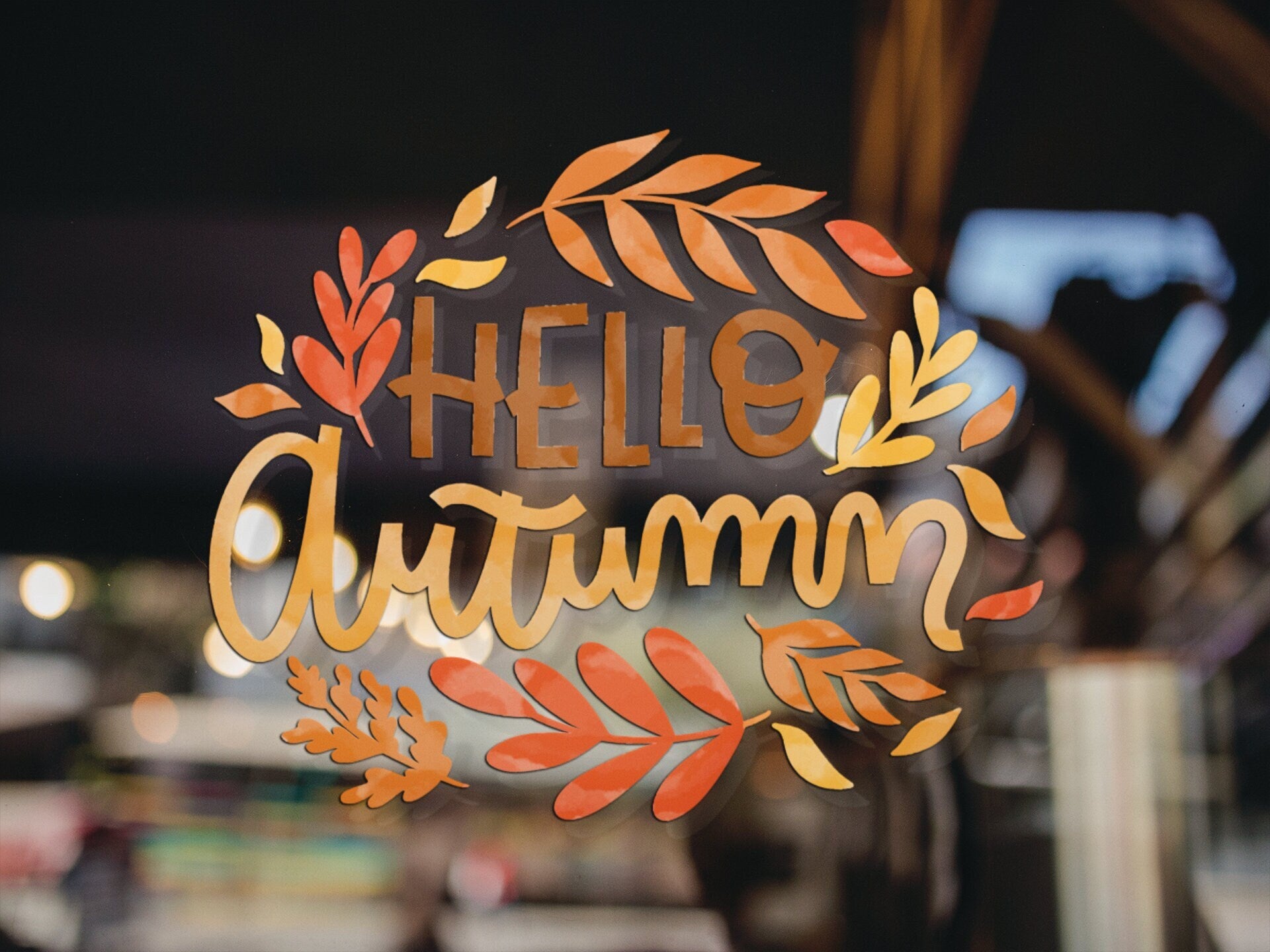 Hello Autumn Window Sticker, Autumnal Foliage Leaves Window Decal, Halloween Decoration, Halloween Window Stickers