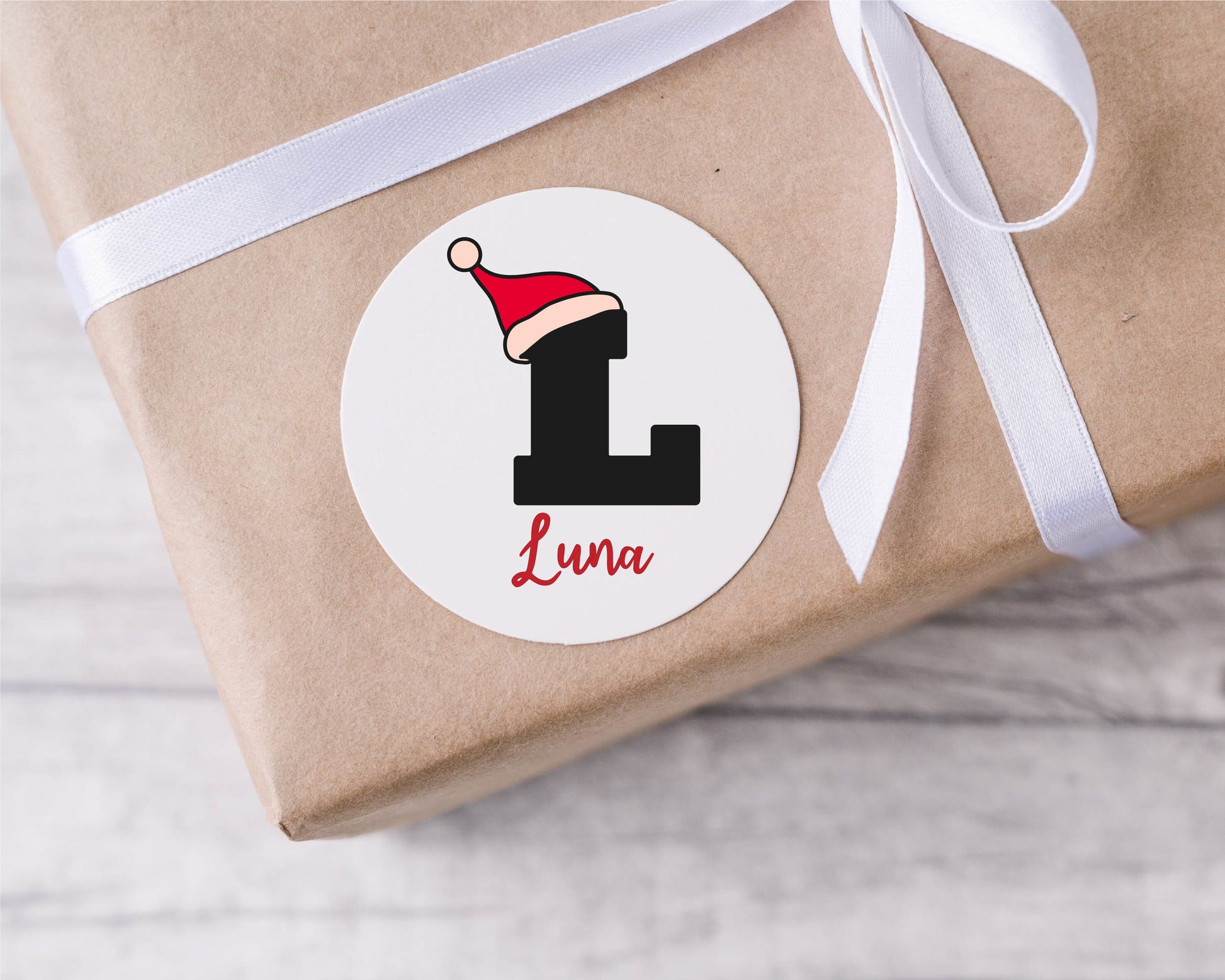 Customised Christmas Gift Labels Stickers, Santa Hat Personalised Gift Wrapping Stickers Name Initial