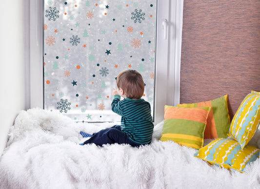 Boho Teal Orange And Blue Christmas Window Stickers, Mini Christmas Decals Decorations, Christmas Tree & Snowflakes