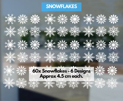 Snowflake Window Stickers 60 Pack - 4.5 cm Snowflakes Decals