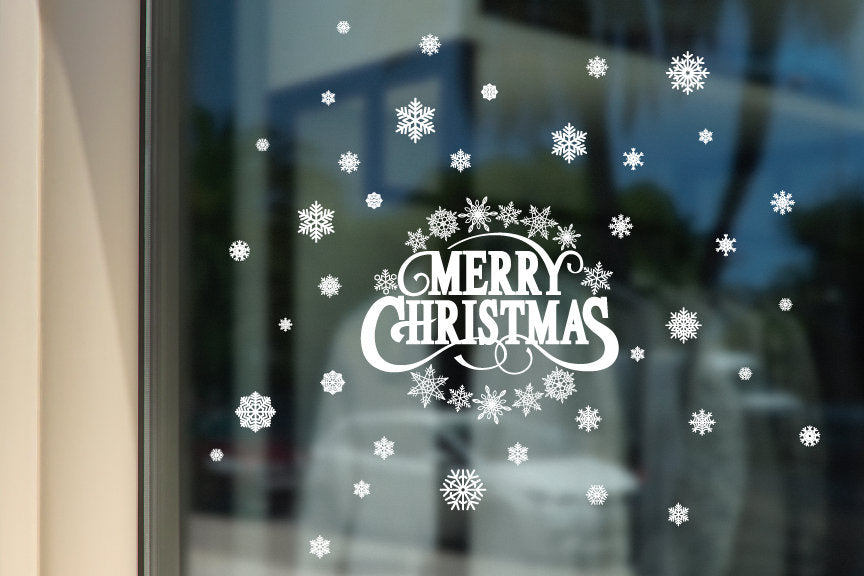 Merry Christmas With Snowflakes Shop Window Sticker, Christmas Window Decal, Merry Christmas Window Decor