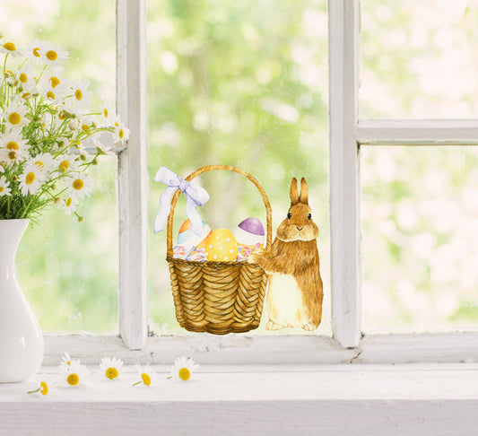 Easter Bunny & Easter Egg Basket Window Sticker, Spring Window Sticker, Easter Window Decals, Removable Kids Spring Decor