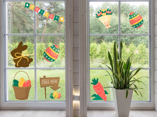 Easter Bunny Flowers & Eggs Window Stickers, Removable Easter Spring Window Decals Home Decor Happy Easter Flower Stickers