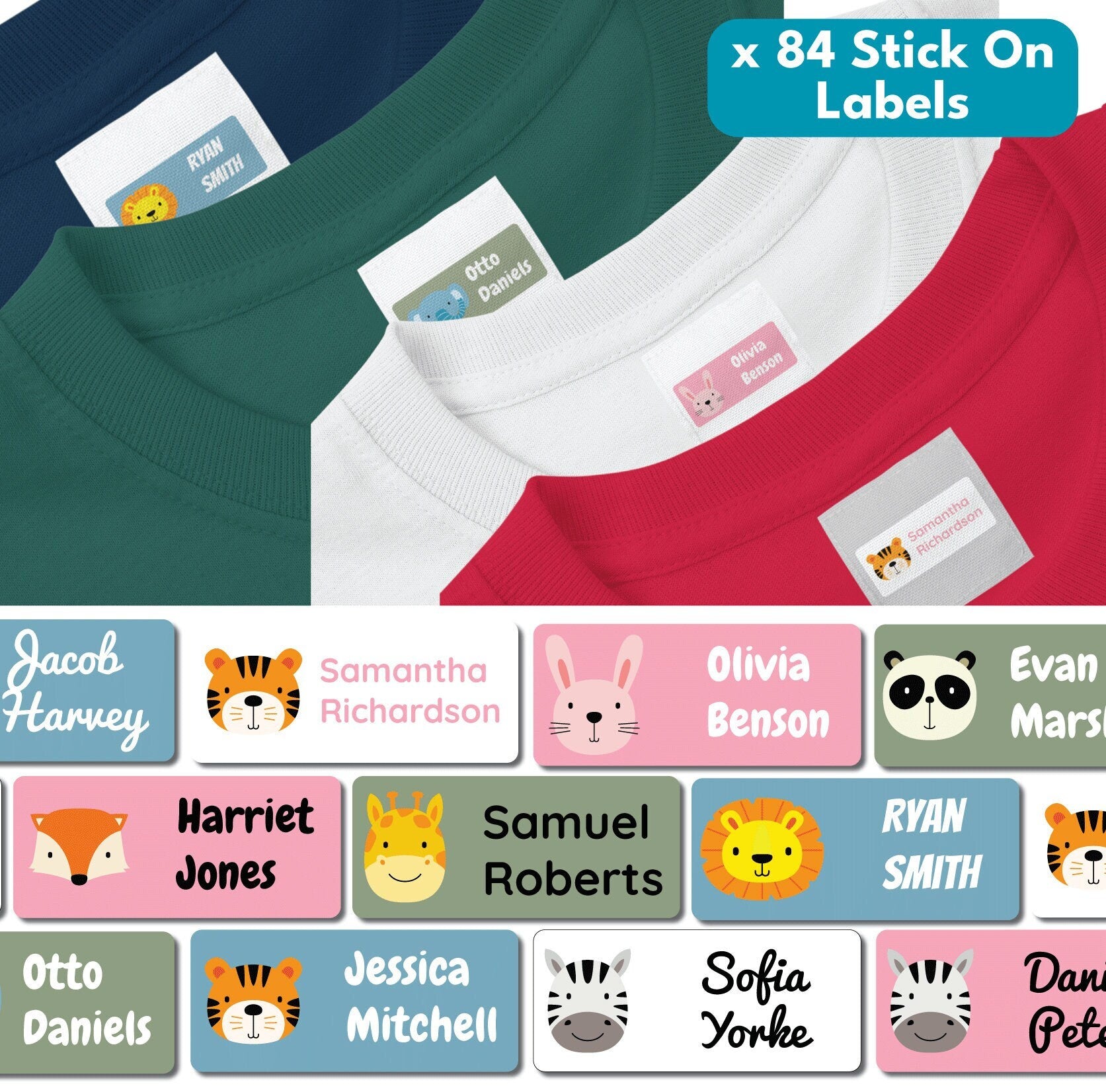 84 Stick On Animal Personalised Clothing Labels For School Children