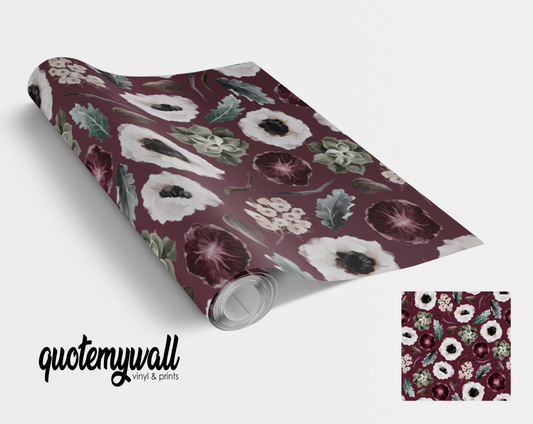 Dark Red Autumnal Floral Blooms Self Adhesive Vinyl