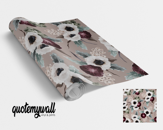 Taupe Autumnal Floral Blooms Vinyl Furniture Wrap