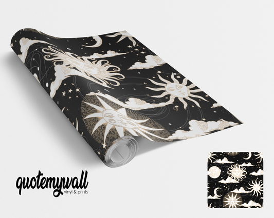 Black & White Sun Moon Cloud Earth Self Adhesive Vinyl