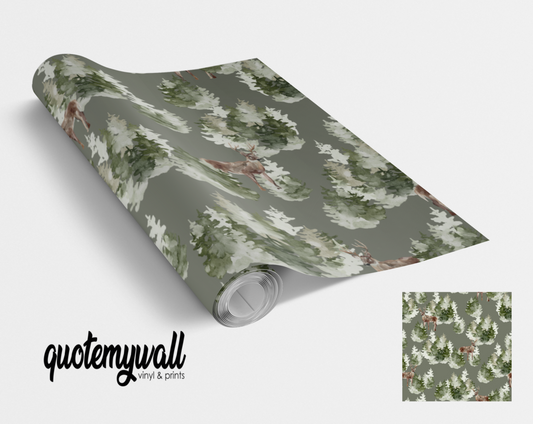 Dark Green Watercolour Forest Stag Scene Self Adhesive Vinyl