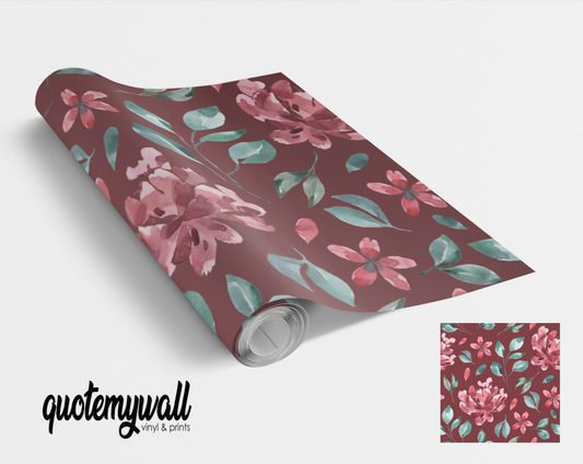 Burgundy Floral Painted Flowers Self Adhesive Vinyl