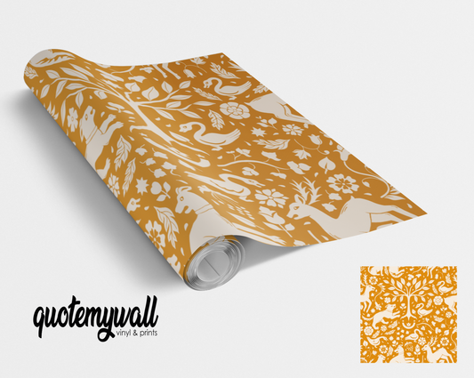 Mustard Yellow Dog Stag Swan Tree Scene Vinyl Furniture Wrap