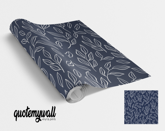 Navy White Hand Drawn Leaves Pattern Furniture Vinyl Wrap