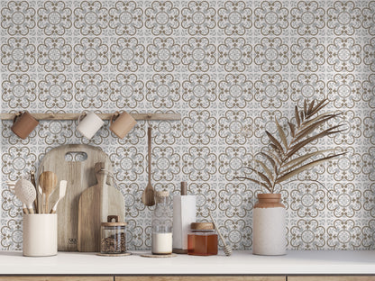 Grey Brown Flower Shape Art Deco Tile Peel & Stick Tile Stickers