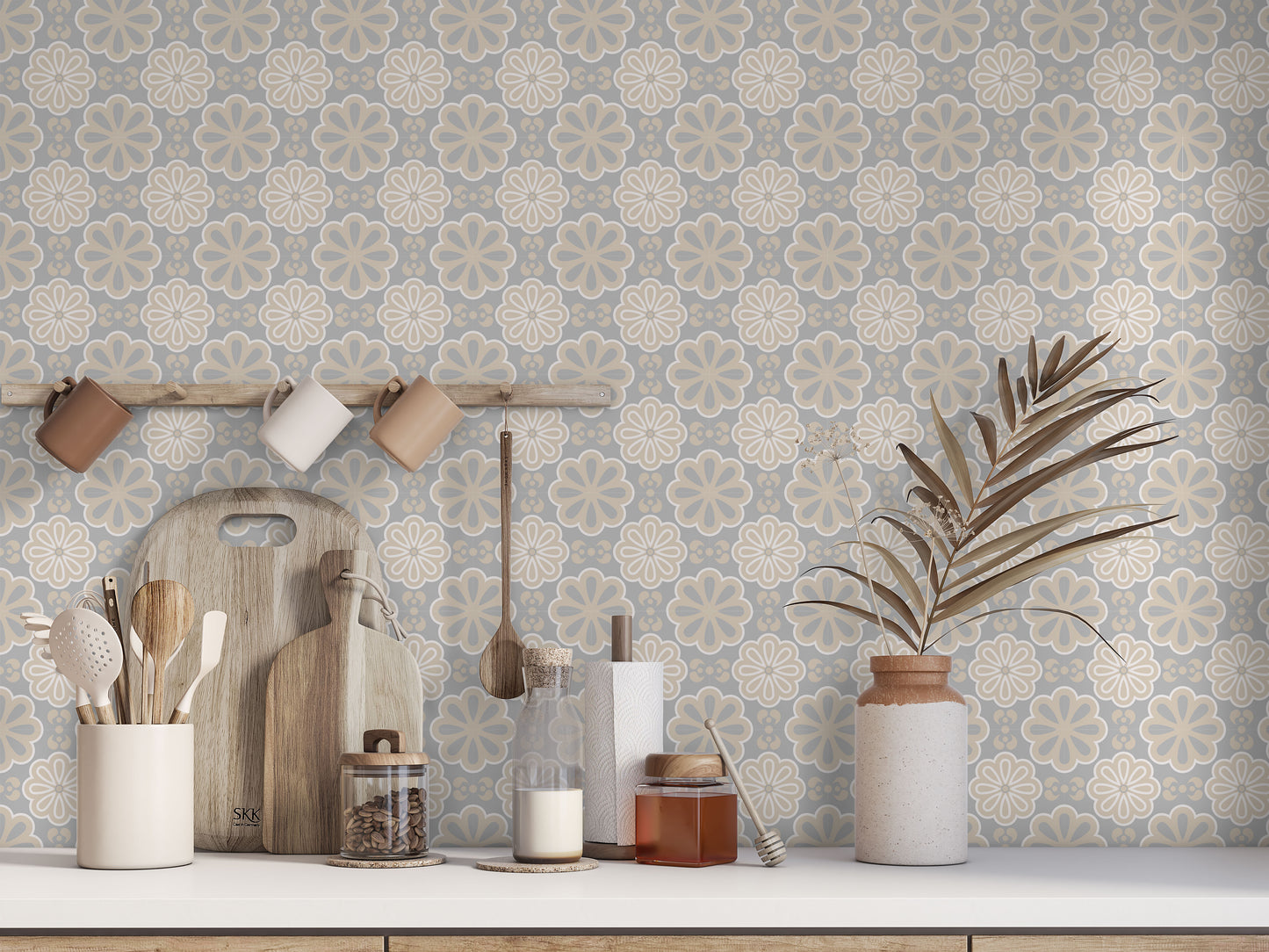 Cream Grey Flower Floor & Wall Tile Stickers