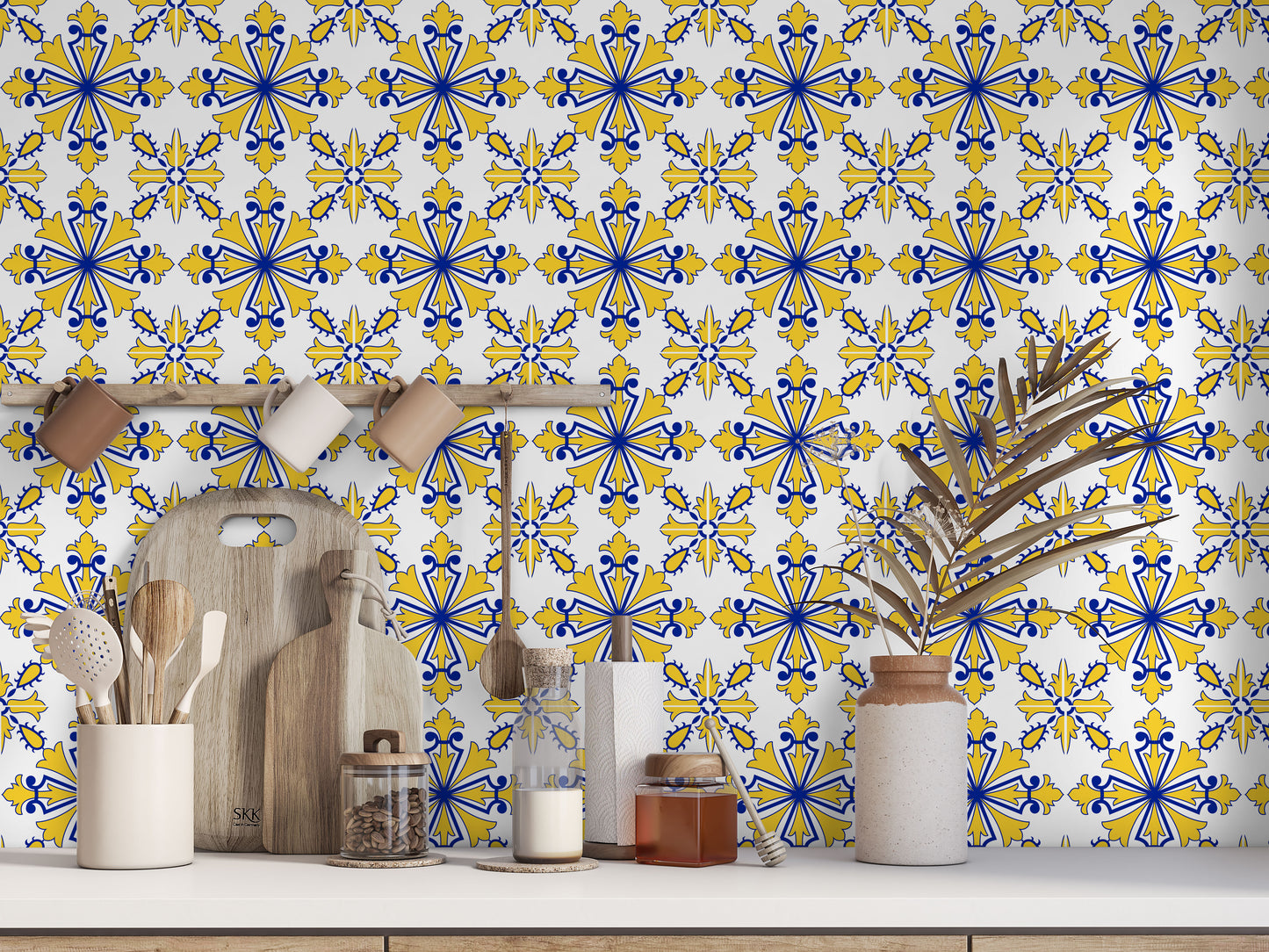 Bright Yellow & Blue Fluted Art Deco Removable Tile Stickers