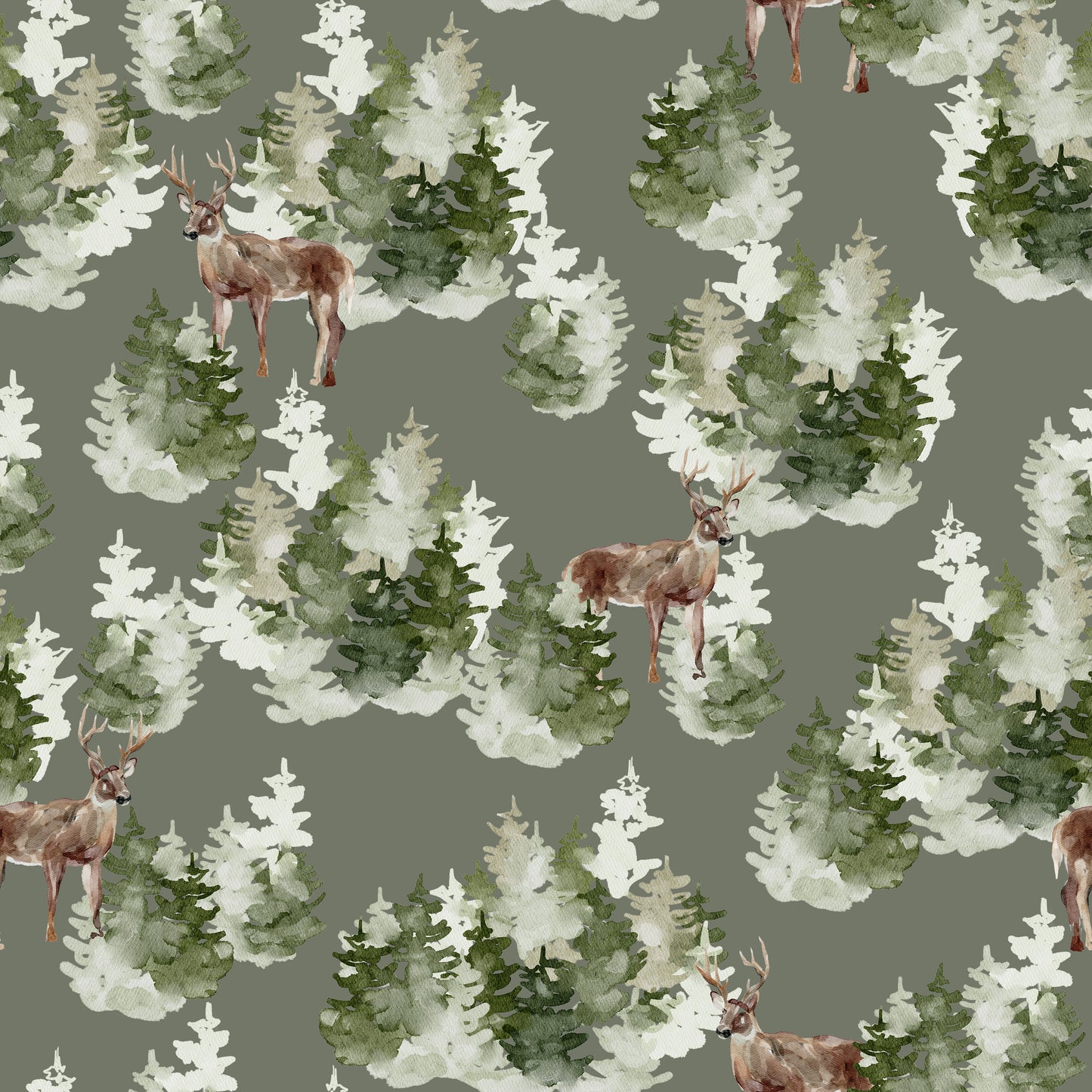 Dark Green Watercolour Forest Stag Scene Self Adhesive Vinyl