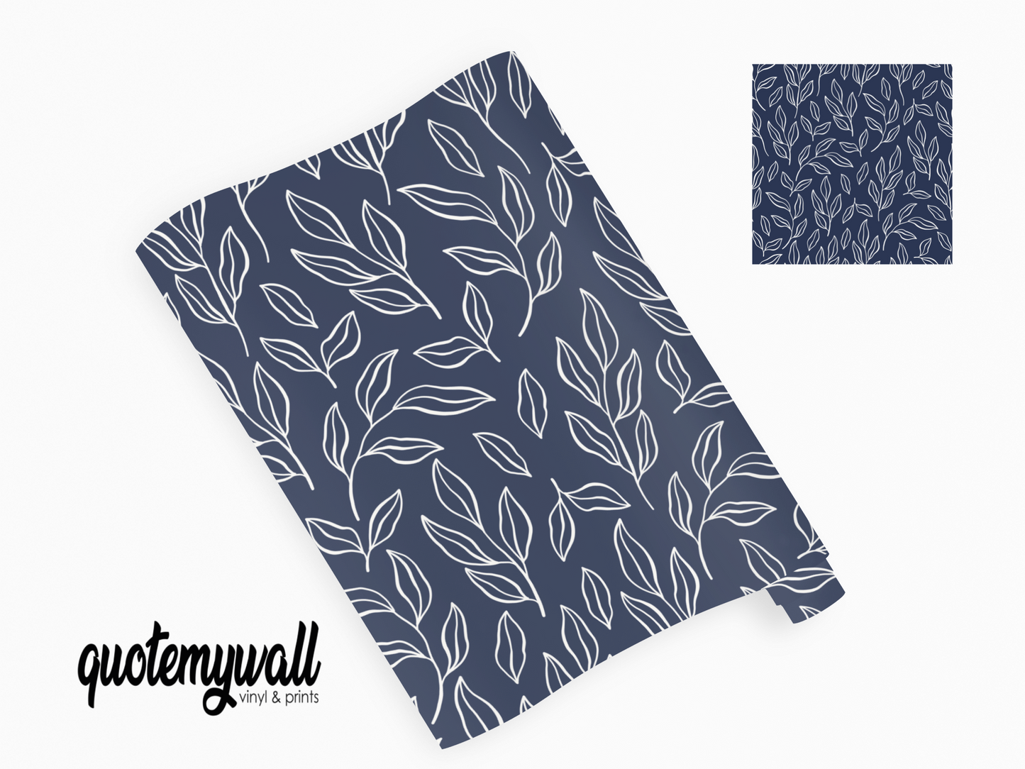 Navy White Hand Drawn Leaves Pattern Furniture Vinyl Wrap